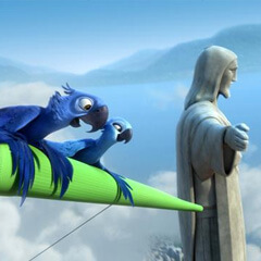 Arara Blu e sua companheira voam próximo ao Cristo Redentor.
