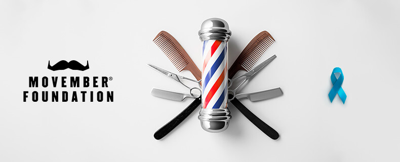 Montagem com elementos de barbearia, o laço do novembro azul e o logo da Movember Foundation.